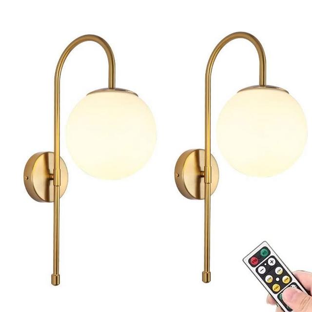 KEFA No Wire Modern Gold Battery Operated Wall Sconce, Industrial Mid Century Bathroom Vanity Wall Light with White Globe Shade, Brass Wall Lamp for Living Room Bedroom Bedside Loft Wall Decor