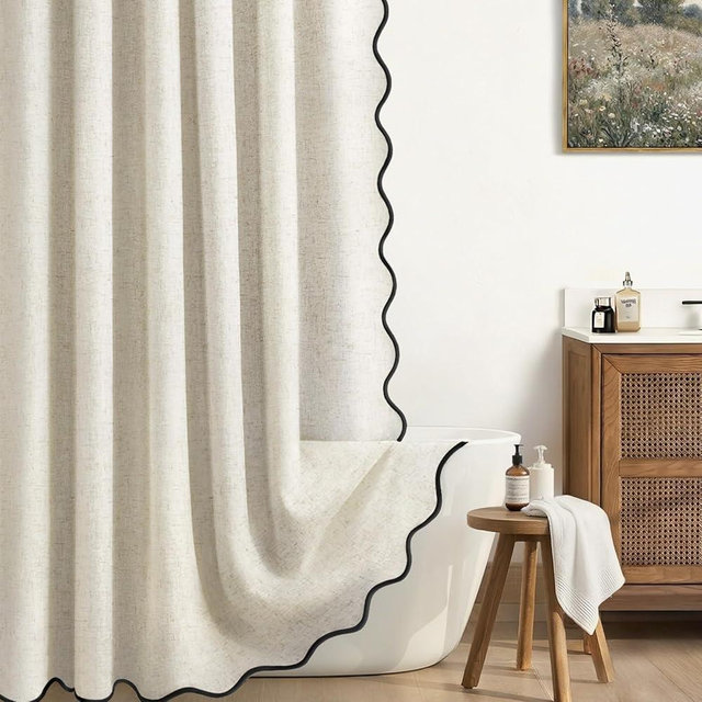 XOGUIBO Linen Shower Curtain Flax Cream Cute Black Scalloped Boho Modern Shower Curtains for Bathroom Set, 72" W x 72" L