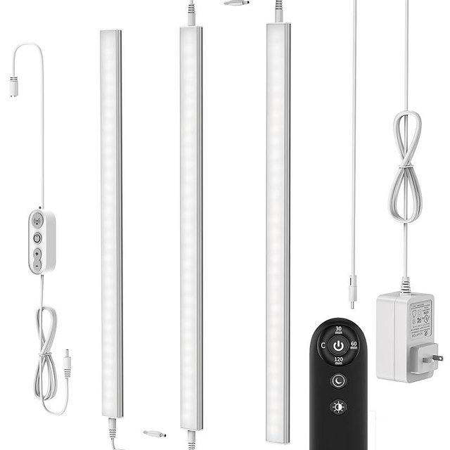 Remote Control Under Cabinet Led Light Plug in, Dimmable Daylight White 4500K, 3 Pack 12 inch Linkable Under Counter Lights for Kitchen Upgrade ETL Listed Plug 24V, UNO-LK 4500K