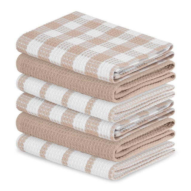 Blue Needles Waffle Weave Kitchen Towels, 15x25 Inches 100% Cotton Set of 6 Dish Cloths for Kitchen, Ultra Soft & Absorbent with Hanging Loop, Dish Rags for Quick Drying, Assorted - Beige
