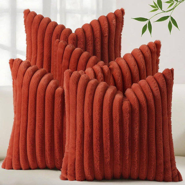 decorUhome Set of 4 Faux Fur Throw Pillow Covers 18x18 Inch Decorative Farmhouse Modern Soft Plush Striped Couch Pillow Covers with Velvet Back for Sofa, Bed, Living Room, Rust