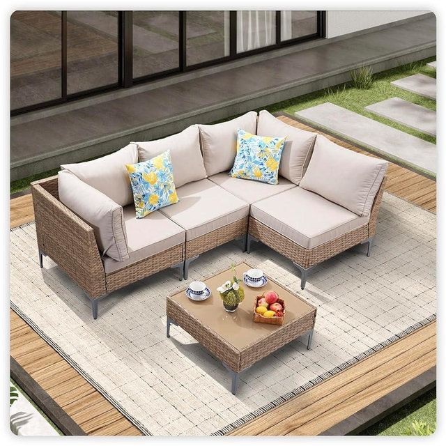 JOYURE 5 Piece Wicker Patio Furniture Set,Outdoor Conversation Sectional Sofa w/Coffee Table,All-Weather Outdoor Sofa with Thick and Anti-Slip Cushions for Deck,Poolside,Garden,Beige
