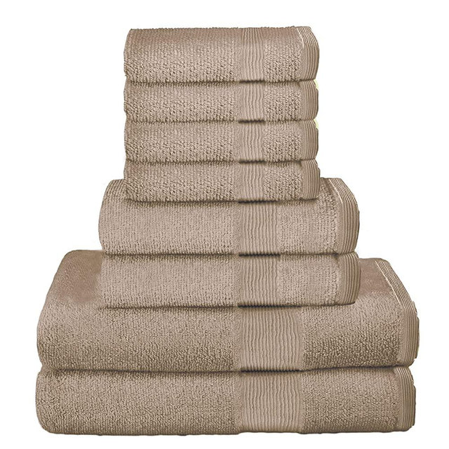 Elvana Home 8 Piece Towel Set 100% Ring Spun Cotton, 2 Bath Towels 27x54, 2 Hand Towels 16x28 and 4 Washcloths 13x13 - Ultra Soft Highly Absorbent Machine Washable Hotel Spa Quality - Tan