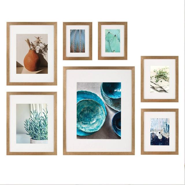 7pc Gallery Wall Picture Frame Set with Decorative Art Prints/Hanging Template Gold - Instapoints