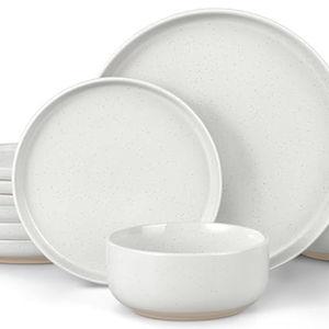LIANYU Dinnerware Sets, 12 Piece Plates and Bowls Set for 4, Ceramic Dishware Dishes Set, Scratch Resistant Kitchen and Dining Stoneware Plates, Microwave & Dishwasher Safe, Snowy White
