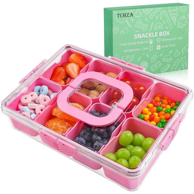 Snackle Box Container, Dishwasher Safety - Divided Serving Tray with Lid and Handle, Charcuterie Board for Portable Snack Platters - Organizer for Fruits Snacks - Perfect for Road Travel Party - Pink