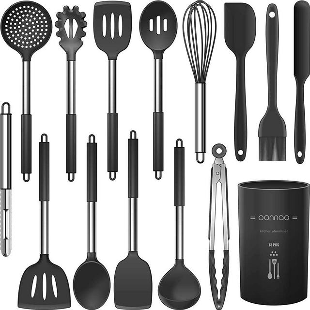 Silicone Cooking Utensils Set - Heat Resistant Kitchen Utensils,Turner Tongs,Spatula,Spoon,Brush,Whisk.Stainless Steel Gray Silicone Cooking Tool for Nonstick Cookware.Dishwasher Safe (Large)