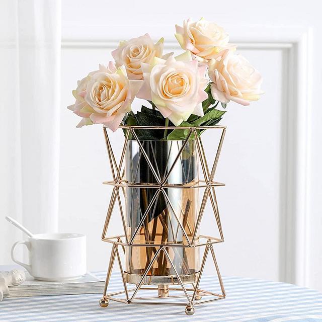 Geometric Glass Vase with Metal Bracket, Crystal Transparent Inner Vase, Hand-Plated Geometric Metal Vase, Rose Gold Vase Decor for Home Office Wedding Holiday Party Gift