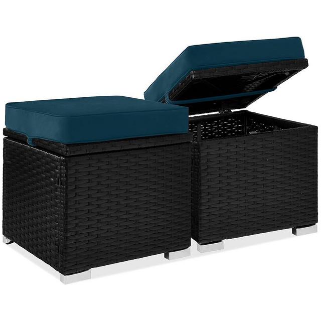 Best Choice Products Set of 2 Wicker Ottomans, Multipurpose Outdoor Furniture for Patio, Backyard, Additional Seating, Footrest, Side Table w/Storage, Removable Cushions - Peacock Blue/Black