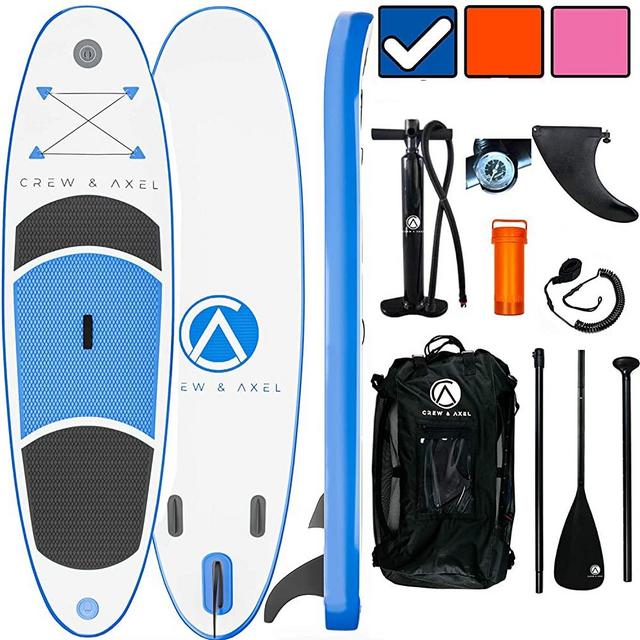 Crew Axel Inflatable Stand Up Paddle Board (6” Inch Thick) Non Slip SUP W Premium Backpack, 3 Fins, Paddle, Pump, Leash –Large (10’ x 30” x 6”) Light Weight (17lb) Wide Stance Kids & Adults