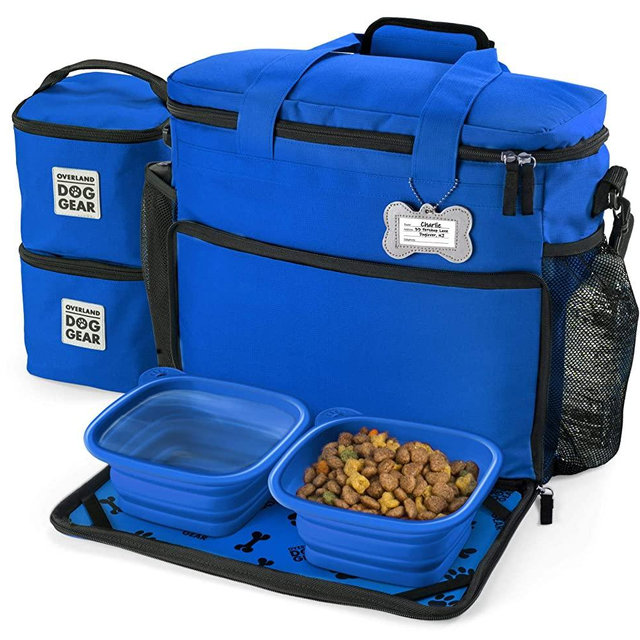 Dog Travel Bag - Week Away Tote for Med and Large Dogs - Includes Bag, 2 Lined Food Carriers, Placemat, and 2 Collapsible Bowls