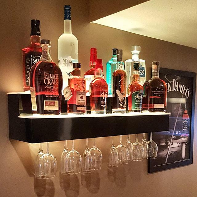 Customized Designs 48" 2 Tier Wall Mounted Liquor Display Bar Shelves w/Wine Glass Rack