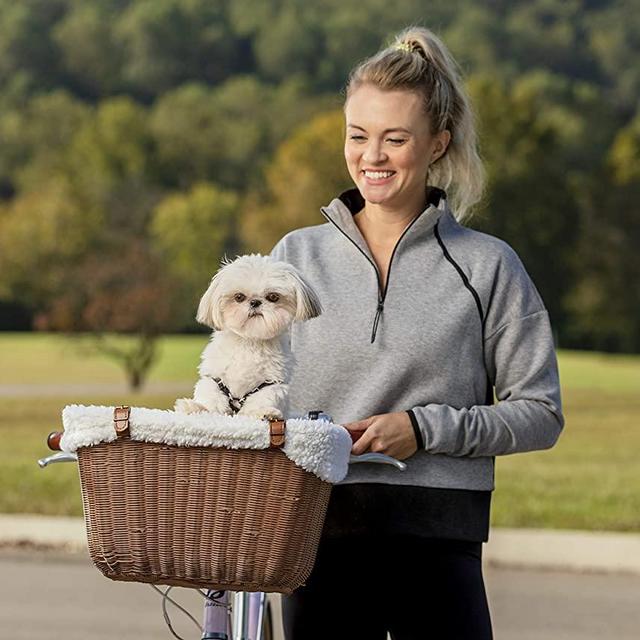 PetSafe Happy Ride Wicker Bicycle Basket for Dogs and Cats - Stylish Weather Resistant Wicker Material - Comfortable, Easy to Clean Soft Liner - Removable Sun Shield Included - Best for Pets up to 13 lb