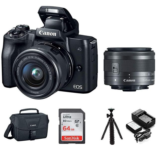 Canon EOS M50 15-45mm Mirrorless Digital Camera (Black) with Canon EOS Camera Gadget Bag, 64GB SD Card, Flexible 12" Spider Tripod, and Battery & Charger Pack Bundle (5 Items)