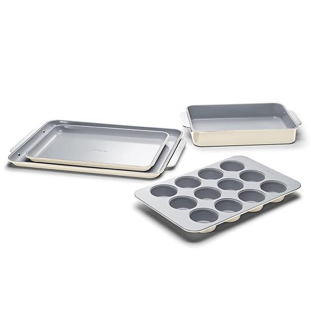 Caraway Nonstick Ceramic Bakeware Set (5 Pieces) - Baking Sheets, Assorted Baking Pans, Cooling Rack, & Storage - Aluminized Steel Body - Non Toxic, PTFE & PFOA Free - Cream