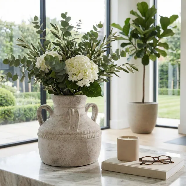 Terracotta Triple Handle Vase for Living Room Decor - Casual Home Decor Accent for Entryway, Bedroom, and Office Shelf - 13", Ivory & Tan