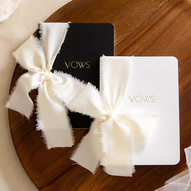 Modern Album Designs Black White Embossed Slim Vow Books w/Ribbon (Set of 2) - 5.625 x 4 Minimalist Pocket Sized Embossed Wedding Ceremony Vow Renewal Speech Notebook Journal