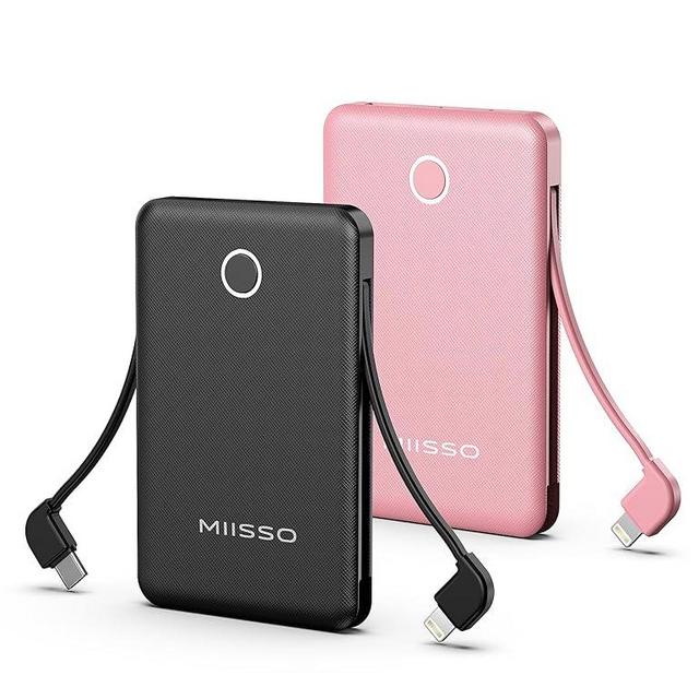2-Pack 6000mah Ultra Slim Built in Cables Power Bank, Card Size Built in USB C Cords Battery Pack Portable Charger for Phones, 3 Output External Battery Pack Compatible with iPhone, Black & Pink