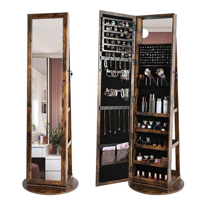 Kasibie 360° Rotating Jewelry Armoire with Full-Length Mirror, Lockable Mirror Jewelry Organizer, Mirror with Jewelry Storage (Brown)