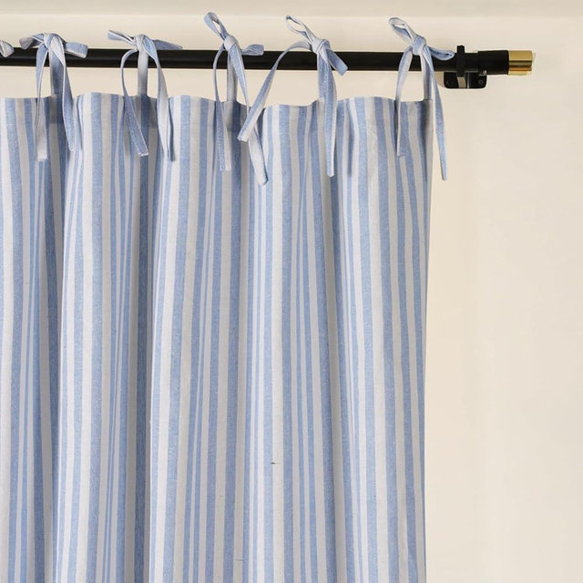 THE ART BOX Gauze Striped Curtains,Boho Linen Tie Top Hanging Curtains Light Filtering Door Window Treatment 2 Panel Curtain Drapes for Living Room Bedroom Light Blue Stripes (84''x42'' Each Panel)