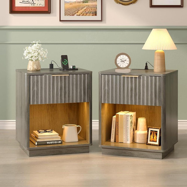 VINGLI Night Stands Set 2 with Charging Station, LED Nightstand Fluted with Rounded Edge, 19" W Mid Century Modern Nightstand for Bedroom, Fluted Night Stand/End Table/Bed Side Table, Grey