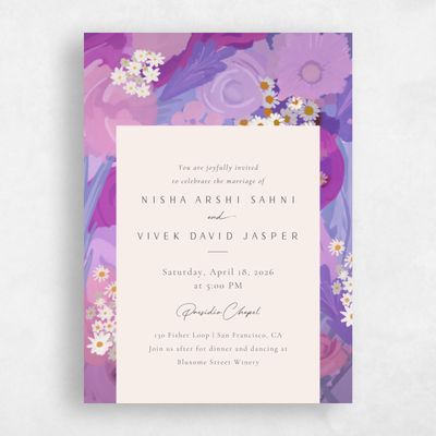 Purple Floral Wedding Invitation - Chesley Portrait