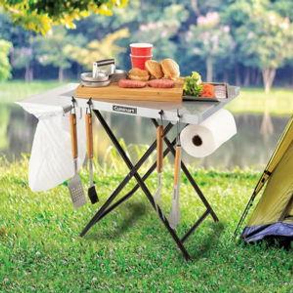 Cuisinart Fold ‘n Go Prep Table, Portable Folding Table and Grill Stand with Tool hooks, Trash Bag Holder, Paper Towel Rack, 24” x 20” Steel Food Prep Station Perfect for BBQs, Tailgates and Camping