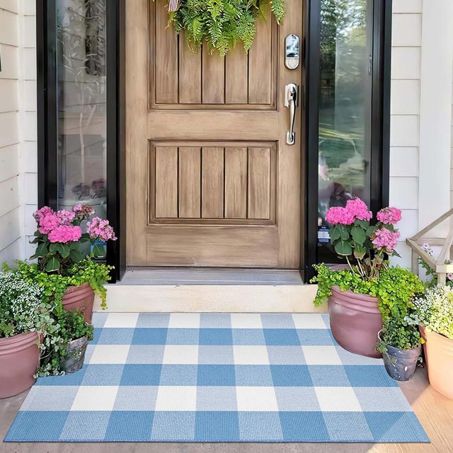 Blue and White Outdoor Rug 24''x35'' Buffalo Plaid Porch Mat Cotton Woven Washable Carpet for Layered Doormat Hello/Welcome Door Mat,Kitchen,Farmhouse,Entryway