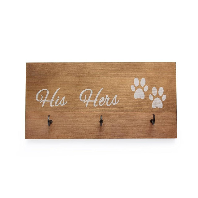 SCUBERT His Hers Paws Paws Wall Mounted Key and Dog Leash Holder,Decorative Wooden Key and Pet Leash Hooks for hallways or Room,Farmhouse Home Decor Key Organizer with 3 Hooks (His Hers Paws Paws)