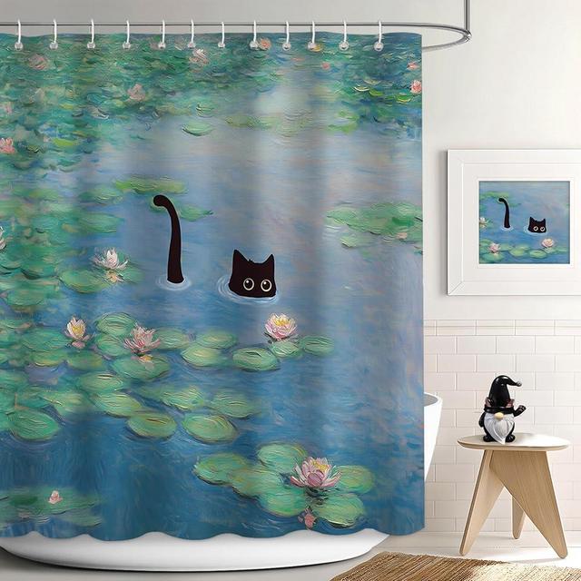 APROPHIC Cat Shower Curtain, Boho Modern Cute Girly Bathroom Curtain, Black Cartoon Cat Lotus Leaves and Flowers Pond Curtain Set, Waterproof Bathroom Home Decor Set with Hooks, 72X72 Inches