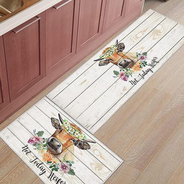 BestLives Cow Kitchen Rug Set of 2 Piece Not Today Heifer Farmhouse Kitchen Rugs Flower Floor Mats Non-Slip Area Runner Carpet Washable Indoor Doormat Pad Sets, 15.7x23.6in+15.7x47.2in