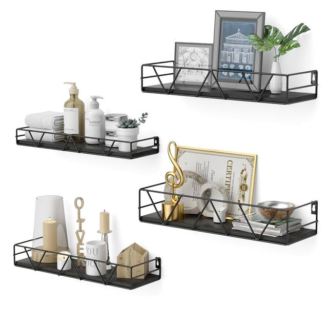 Amaoot Floating Shelves Set of 4, Home Wood Wall Shelf, Farmhouse Shelf for Bedroom, Wall Mounted Floating Shelf for Living Room, Bedroom, Bathroom, Kitchen, Office (Black)