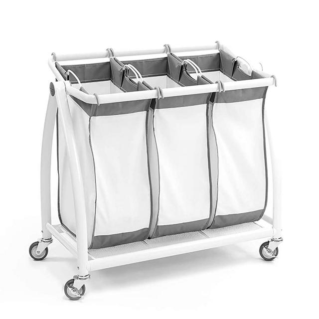Seville Classics Premium 3-Bag Heavy-Duty Tilt Laundry Hamper Sorter Cart, White