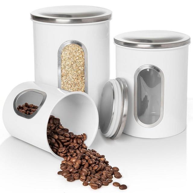 Mixpresso 3 Piece White Canisters Sets For The Kitchen, Jars With See Through Window, Airtight Coffee Container Tea Organizer & Sugar Canister, Kitchen Canisters Set of 3 White Kitchen Decor.