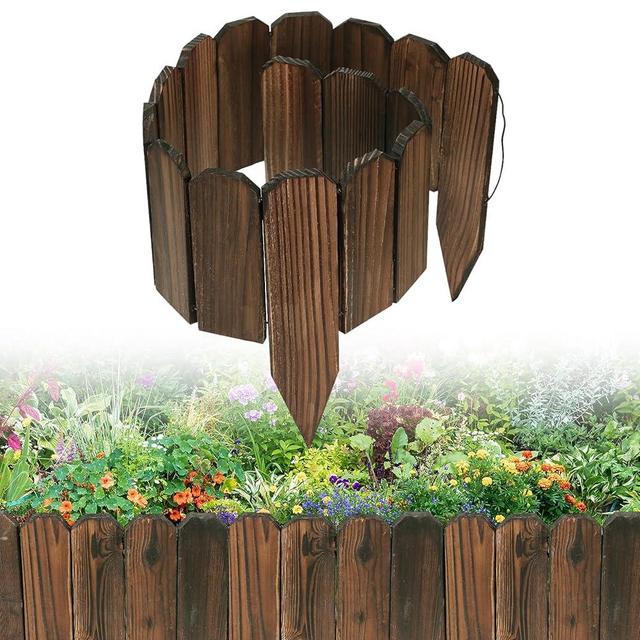 Rustic Pine Wood Landscape Edging - 3.9ft L x 8in H Garden Fence Border, Easy to Install Sturdy Wooden Planter Fencing for Yard Flower Bed Lawns Pathway Tree