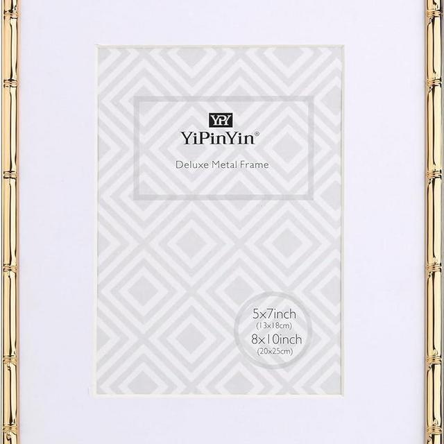 YiPinYin 8x10''Bamboo Detail Gold Metal Picture Frame with Acid Free Mat for 5x7'',Narrow Plated Photo Frames 5 x7'' With Soft Touch Velvet Backing for Desktop and Wall Décor