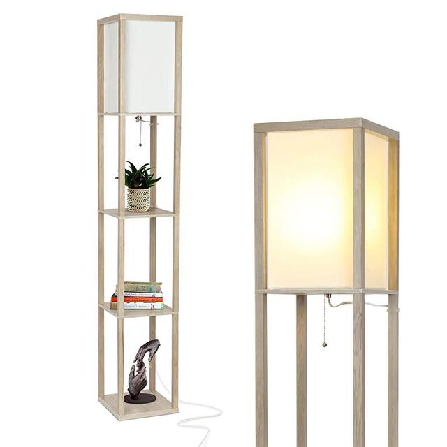 Brightech Maxwell - Modern LED Shelf Floor Lamp - Skinny End Table & Nightstand for Bedroom - Combo Narrow Side Table with Standing Accent Light Attached - Asian Tower Book Shelves - Rustic Wood