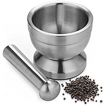 Stainless Steel Mortar & Pestle / Spice Grinder / Molcajete - Heavy Duty - Food Safe & BPA Free - Large - 4.7 x 4 Inches