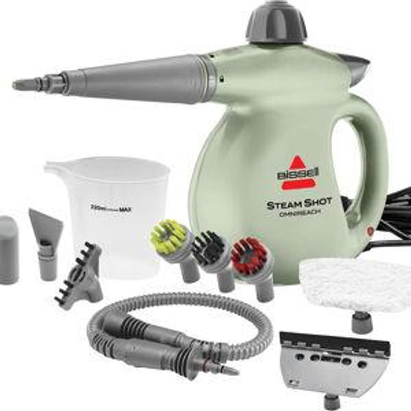 BISSELL Steam Shot Deluxe handheld pressurized steamer for maintenance cleaning with 10 cleaning tools