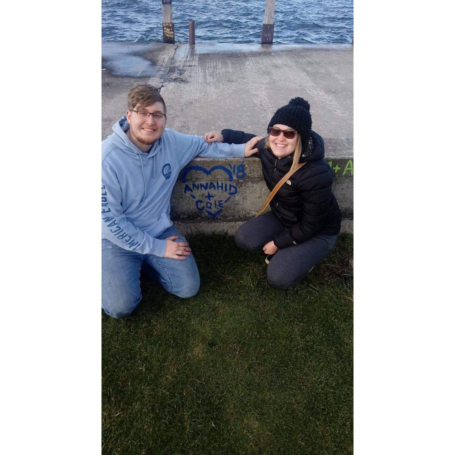 Writing our names on a graffiti wall in Door County