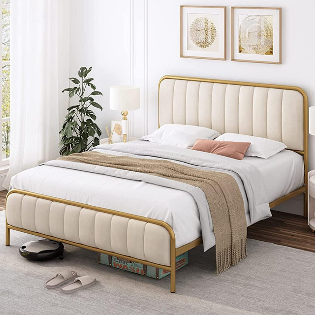 HITHOS Full Size Bed Frame, Upholstered Bed Frame with Button Tufted Headboard, Heavy Duty Metal Mattress Foundation with Wooden Slats, Easy Assembly, No Box Spring Needed (Golden/Off White, Full)