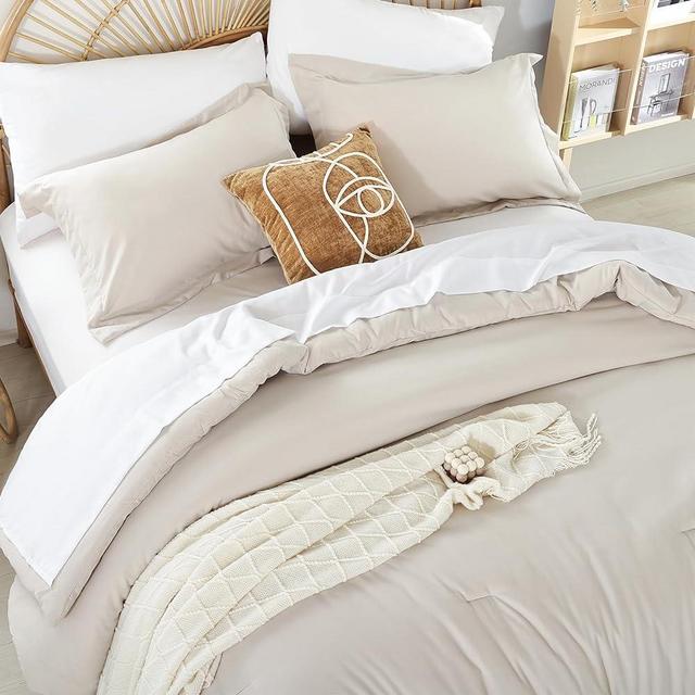 weigelia Queen Comforter Set Boho Bed Comforter Set 7PC Beige Comforter Queen Size Soft All Season Microfiber Comforter with Fitted Sheets, Flat Sheets, Pillow Shams, and Pillowcases