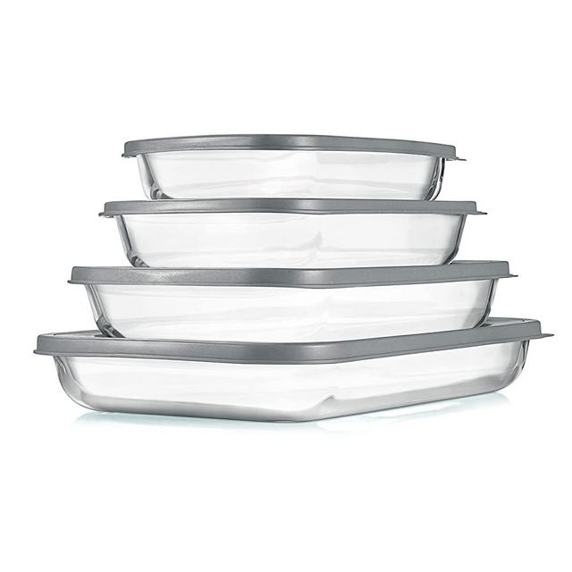 NutriChef 4 Sets Glass Bakeware - High Borosilicate Rectangular Glass Baking Dish w/ Gray BPA-Free PE Lids, Freezer-to-Oven Home Kitchen Bake Casserole Food Storage Stackable Tray Pan, Dishwasher Safe