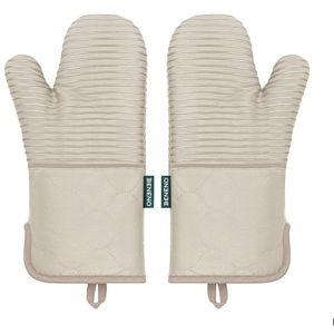 Beneno Kitchen Oven Mitts 2-Pack Heat Resistant to 500°F with Non-Slip Silicone Grip, Extra Long 14.3" Forearm Protection, Soft Quilted Cotton Terry Lining, Ideal for Cooking, Baking, Grilling, Beige