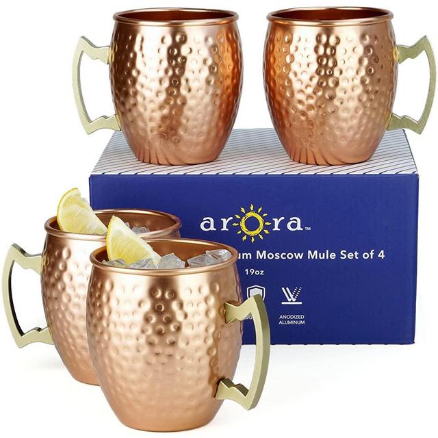 Arora Metal Anodized Hammered Copper Moscow Mule Mug Set | Best Aluminum Cocktail Drink Mug | 18oz Mug | Set of 4