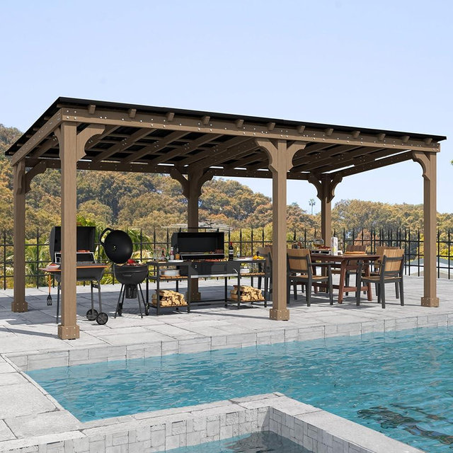 VEIKOU 10'x20' Outdoor Patio Gazebo with 5.5" Width Wood Posts, BBQ Backyard Shelter, Grill Gazebo with Sloping Steel Roof Design & Cedar Frame for Barbecue, Garden, Deck, Light Mocha Brown