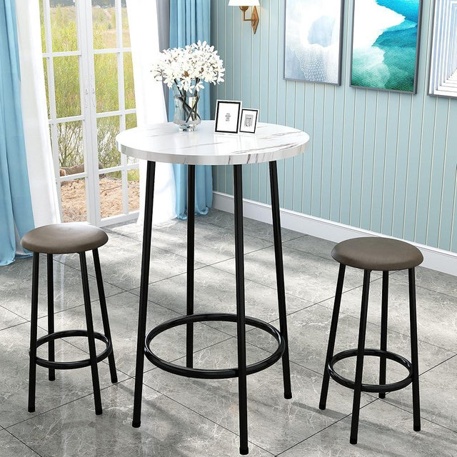 AWQM 3 Piece Pub Dining Set, Round Bistro Table and Chairs, Small Bar Table Set for Breakfast Nook, Kitchen, Apartment, Small Spaces - White