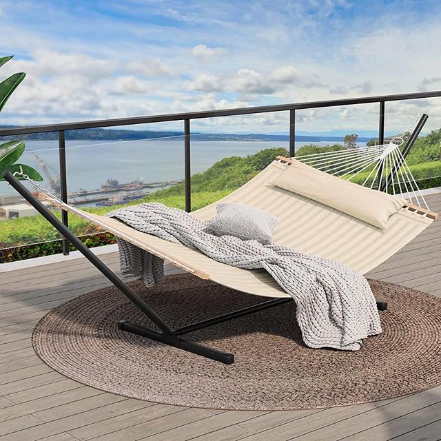 YITAHOME Double Hammock with Stand Included 2 Person Hammock Heavy Duty Hammocks with 12FT Steel Stand Waterproof Poratble Freestanding Hammock with Pillow 450lbs for Outdoors,Backyard,Patio-Beige