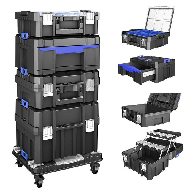 5 Tier Stackable Tool Box with Wheels,Rolling Tool Box with Drawers,Modular Tools Organizer,Portable Tool Box with Transparent Parts Box,Large Capacity Toolbox,for Garage Storage,Home and Repair Shop