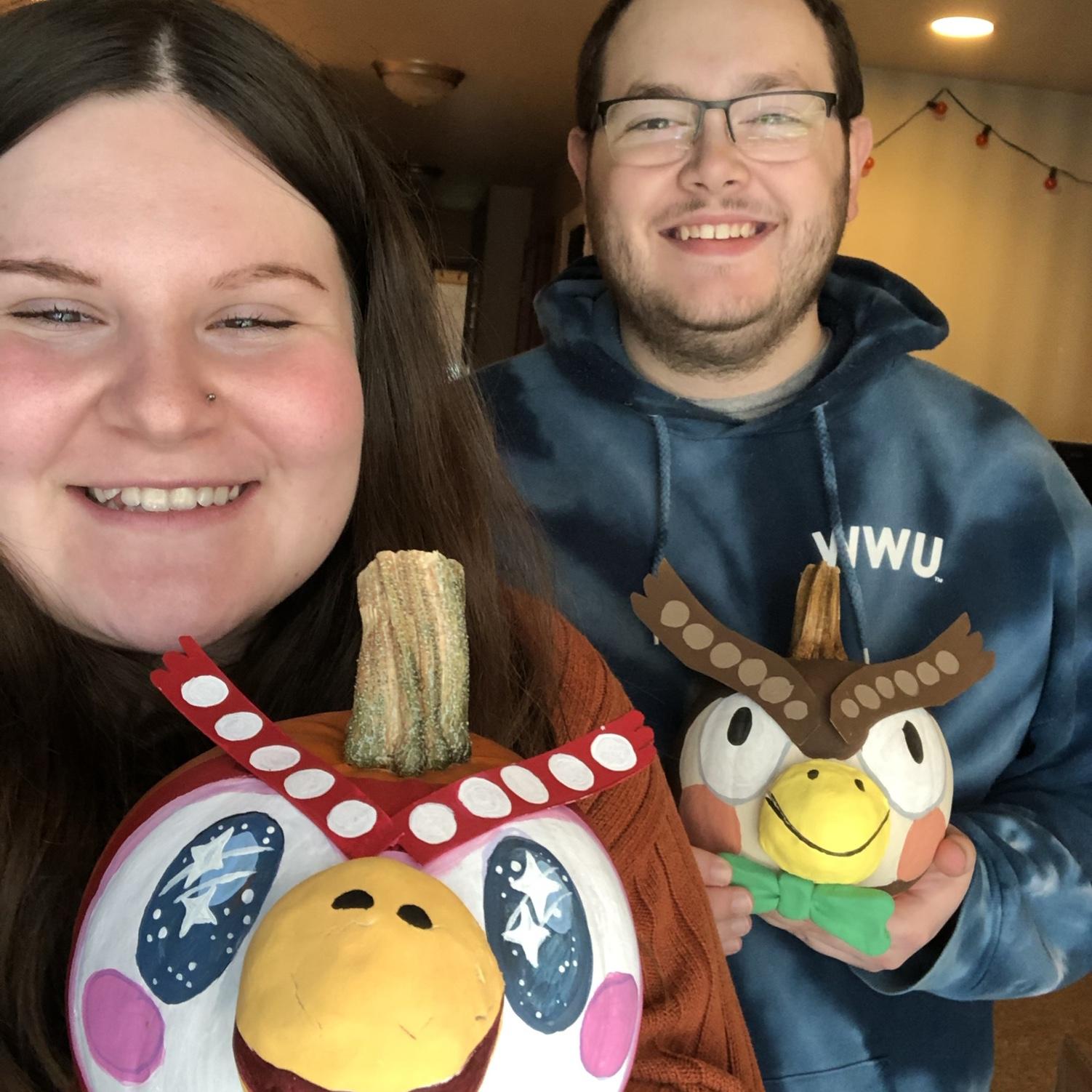 Painted pumpkins as Blathers and Celeste from the video game Animal Crossing - October 2020